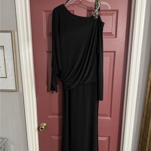 David Meister Black One-Shoulder Draped Evening Gown